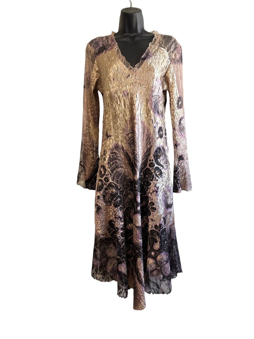 Lindi Size Large Beige Purple Crinkled Satin Lace Midi Dress Whimsigoth Artsy